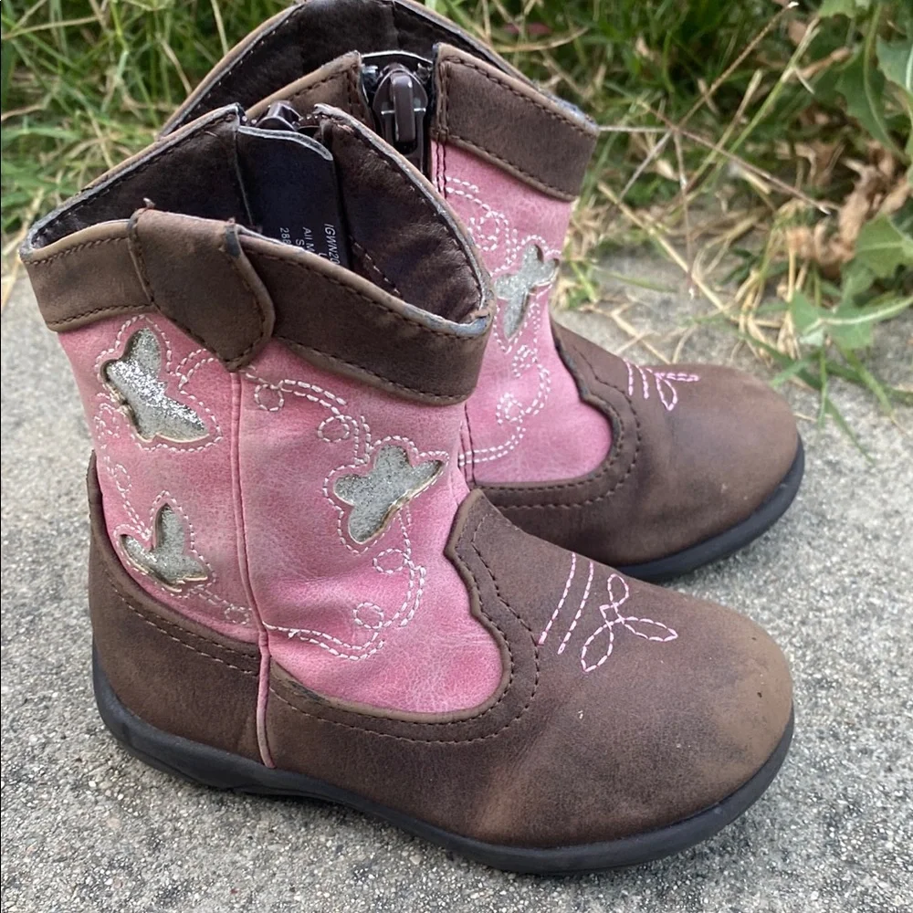 Pink and Brown Kids Cowboy Boots Cowgirl Western boot with Silver Butterfly’s - Picture 12 of 12